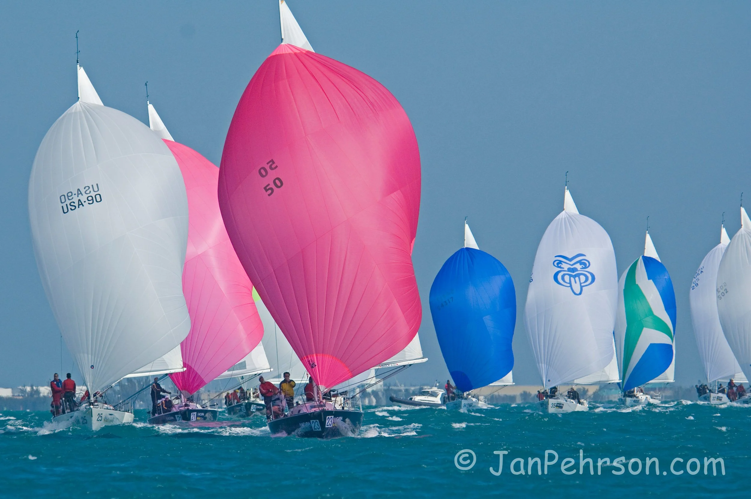 Acura Key West Race Week 2008, Florida, Day 5,Division 3,J/105, fight for the class lead. Eclipse(Pink Sail 50),Masquerade(Pink Sail 17),Kincsem, (White Sail 324) (02553)