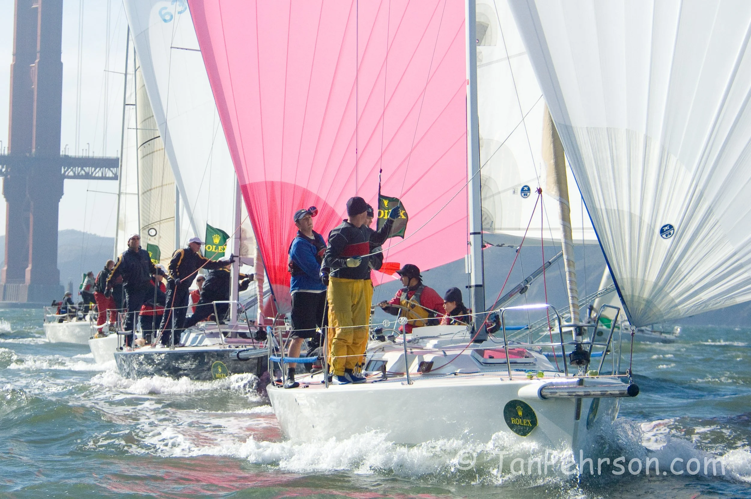 Rolex 2007 Big Boat Series San Francisco - the J105 Class sails in front of the Golden Gate Bridge (02741)