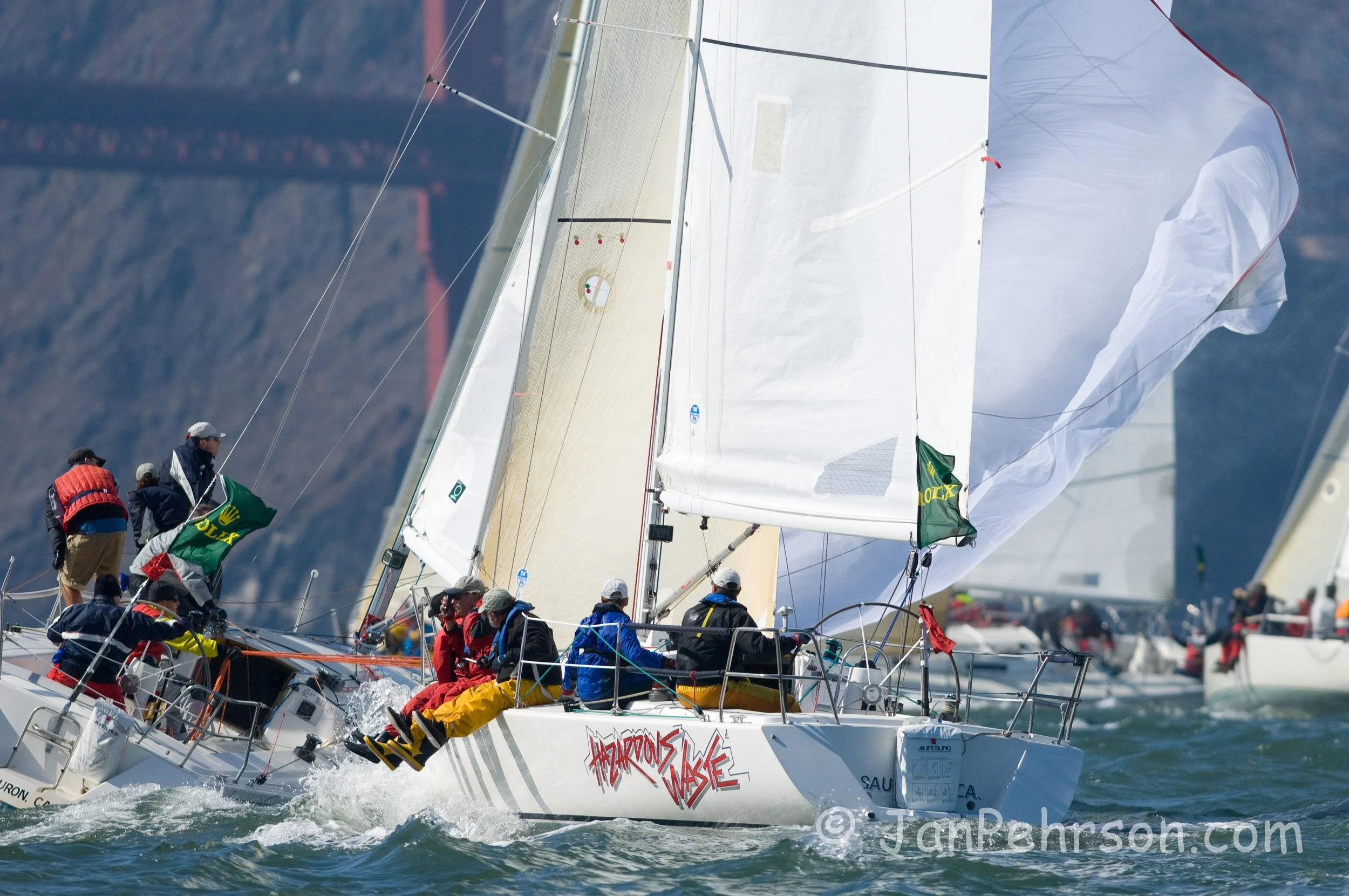 Rolex 2007 Big Boat Series San Francisco - J105 Class sail in front of the Golden Gate Bridge (03459)