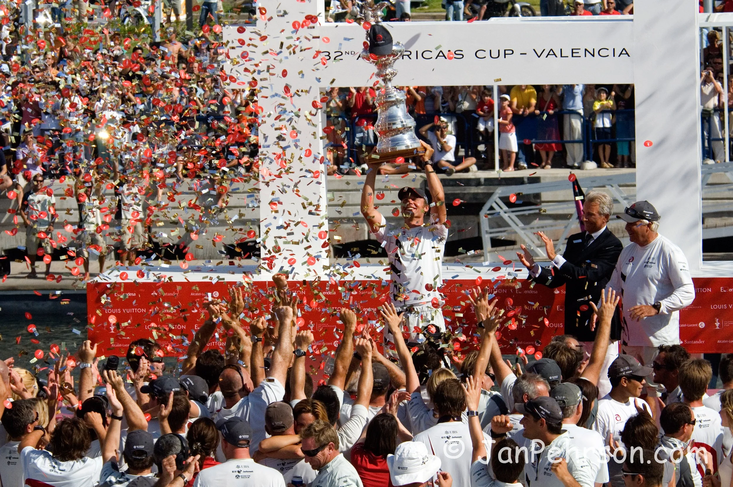 America's Cup Match - Final Race 2007, Alinghi wins over Emirates Team New Zealand by 1 second. Ernesto Bertarelli, syndicate head of Alinghi, celebrates with the cup (01258)