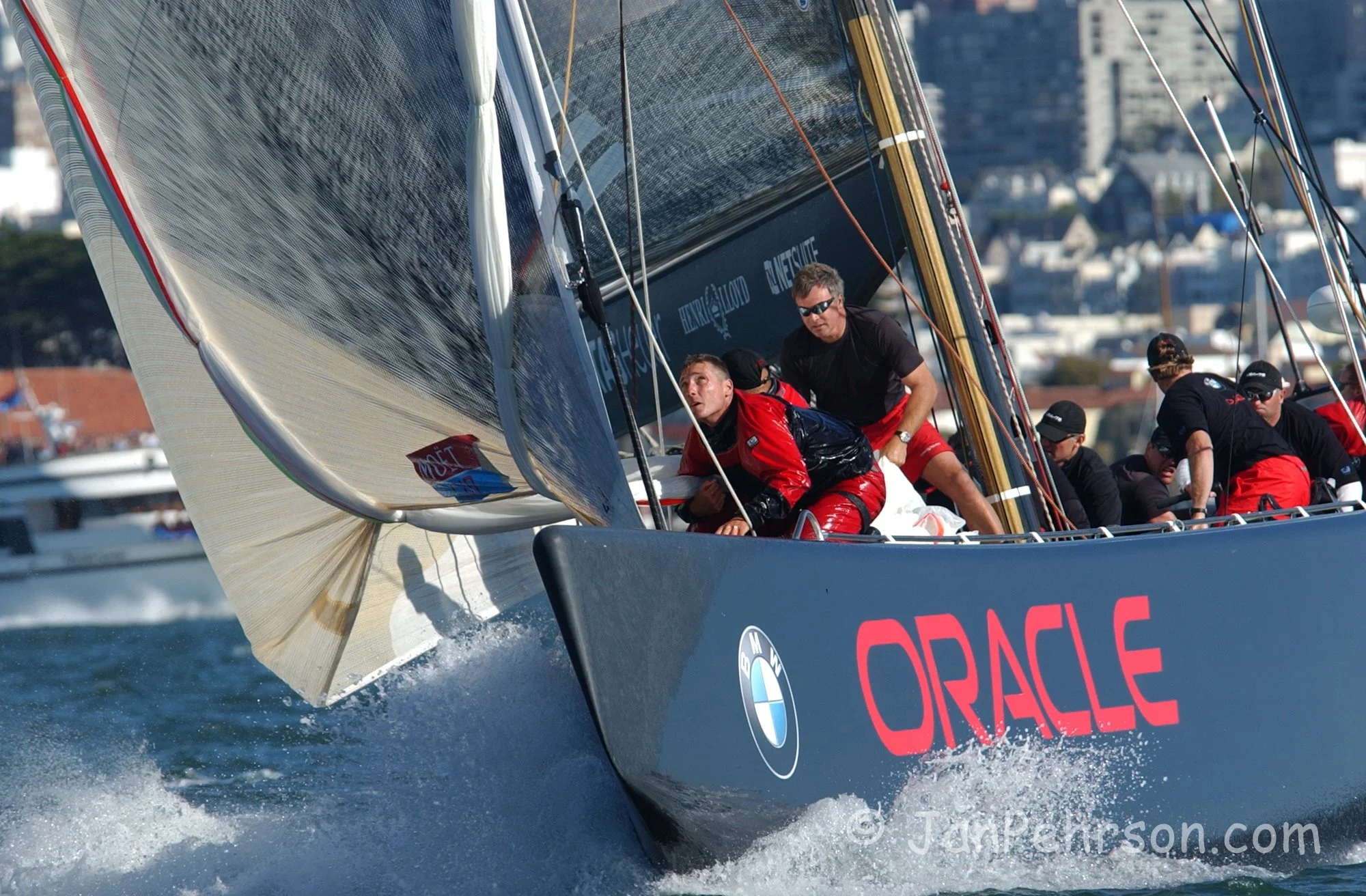 September 2003, San Francisco, CA, MOËT CUP, America’s Cup Winning Yacht Alinghi of Switzerland faces BMW Racing (Oracle) of the USA on the San Francisco Bay (0294)