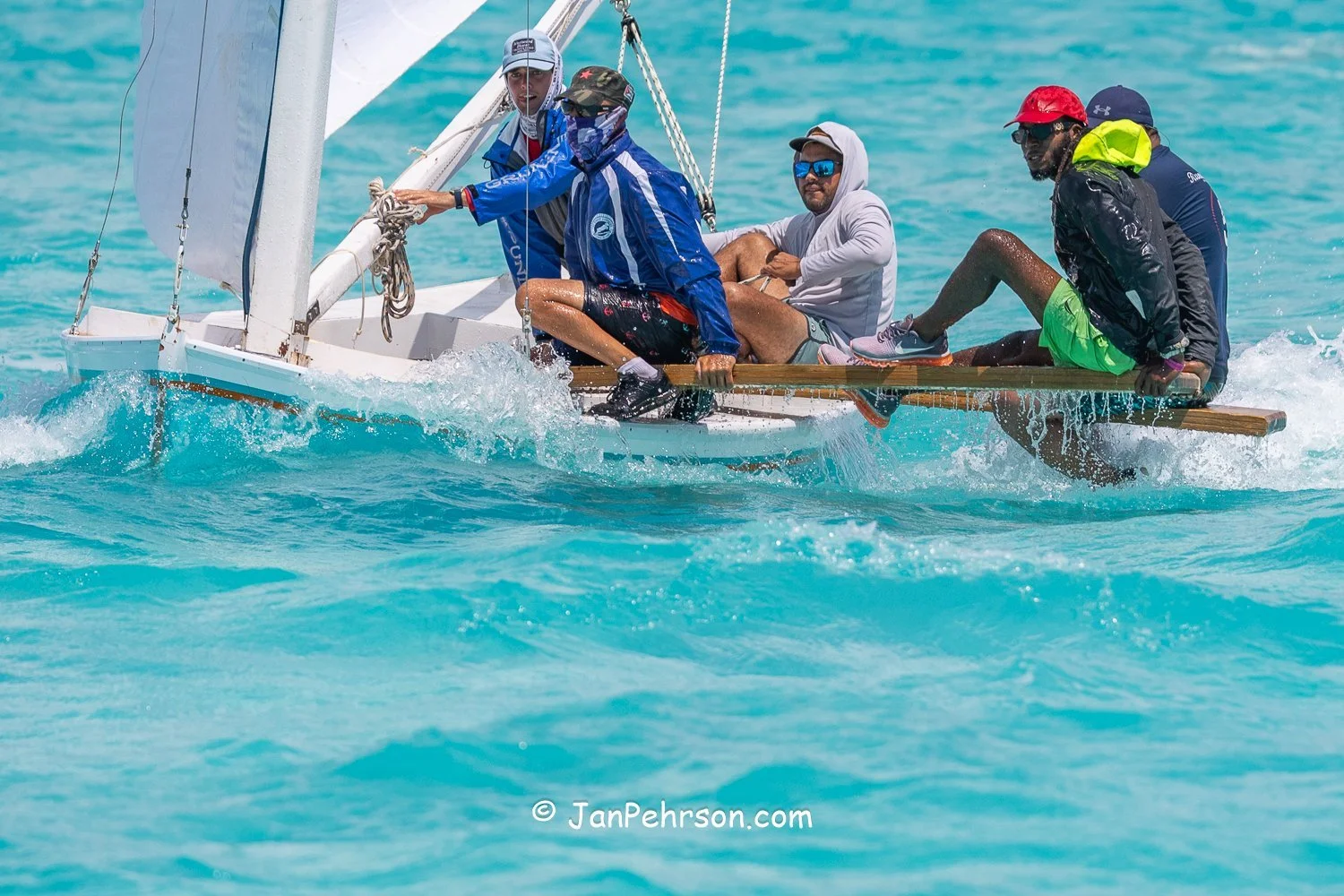 April 2025, George Town, Bahamas, National Family Island Regatta, C-Class, Whitty K, from Long Island