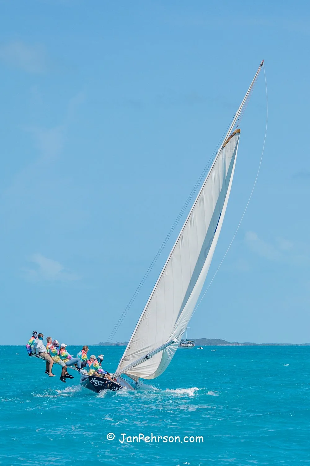 April 2026, George Town, Bahamas, National Family Island Regatta, B-Class, Lonesome Dove, from Abaco