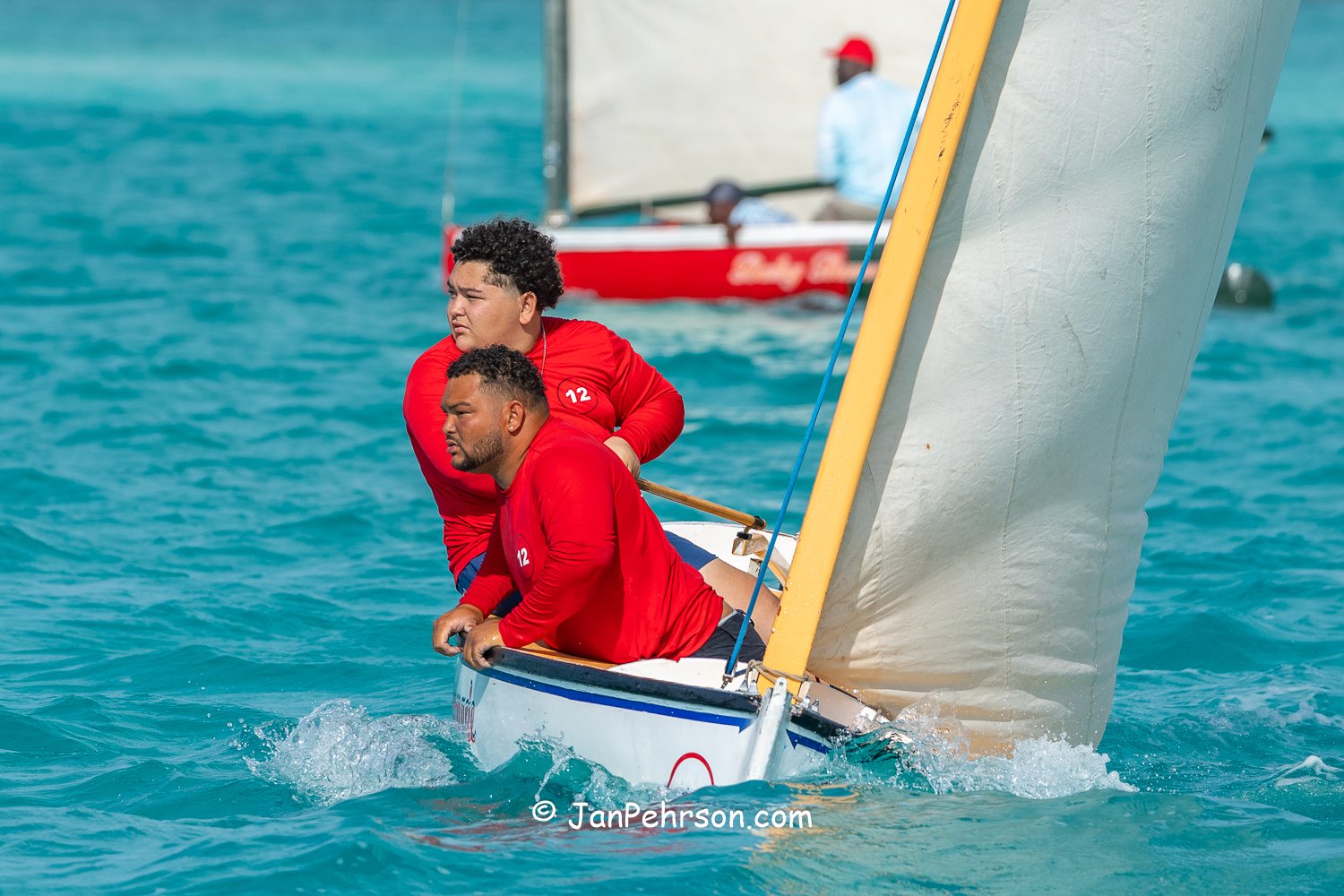 April 2026, George Town, Bahamas, National Family Island Regatta, E-Class, Lady Annamarie, from Long Island
