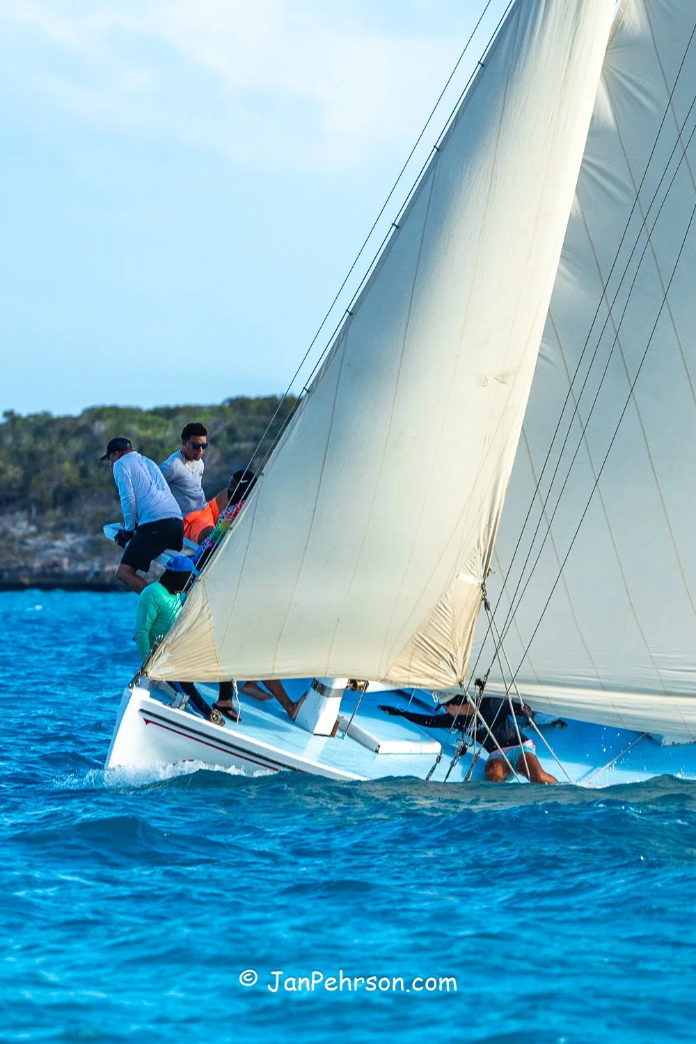 April 2026, George Town, Bahamas, National Family Island Regatta, A-Class, Running Tide, from Long Island