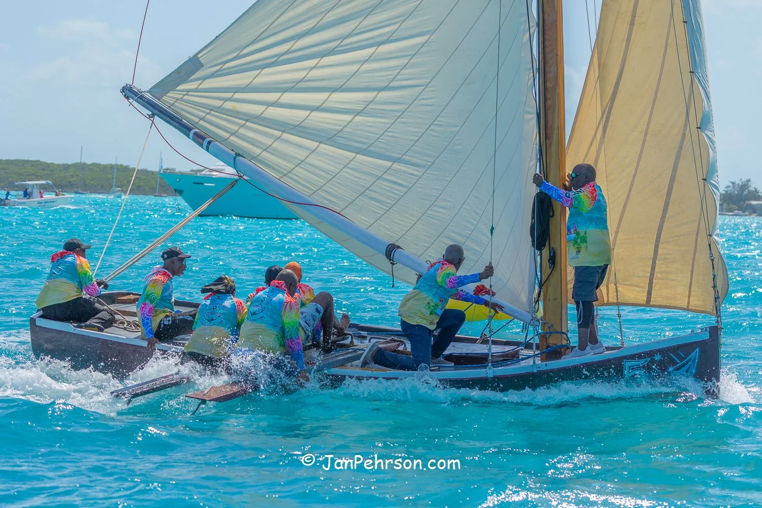 April 2026, George Town, Bahamas, National Family Island Regatta, B-Class, Barbarian I, from Acklins