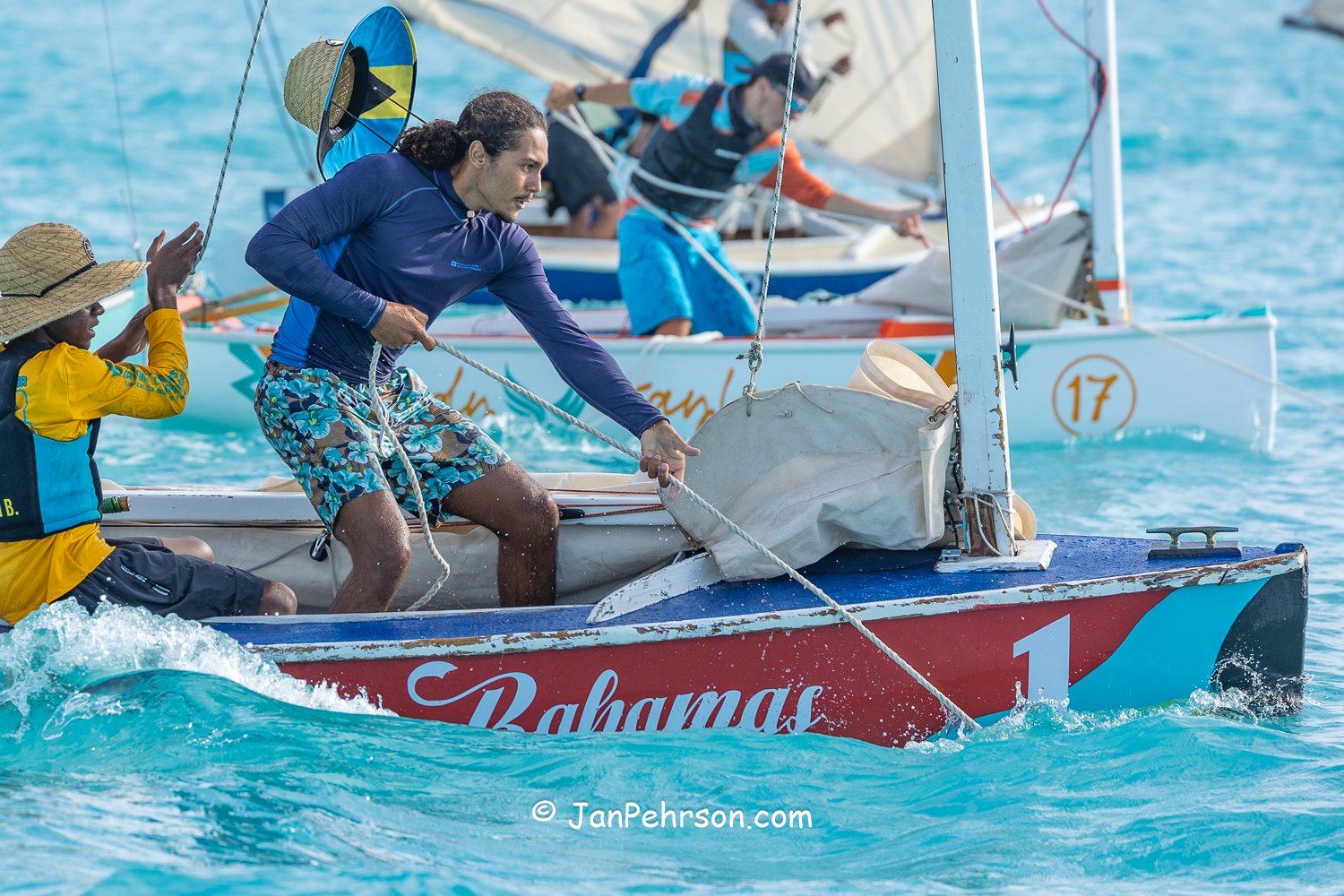 April 2026, George Town, Bahamas, National Family Island Regatta, E-Class, One Bahamas, from Exuma