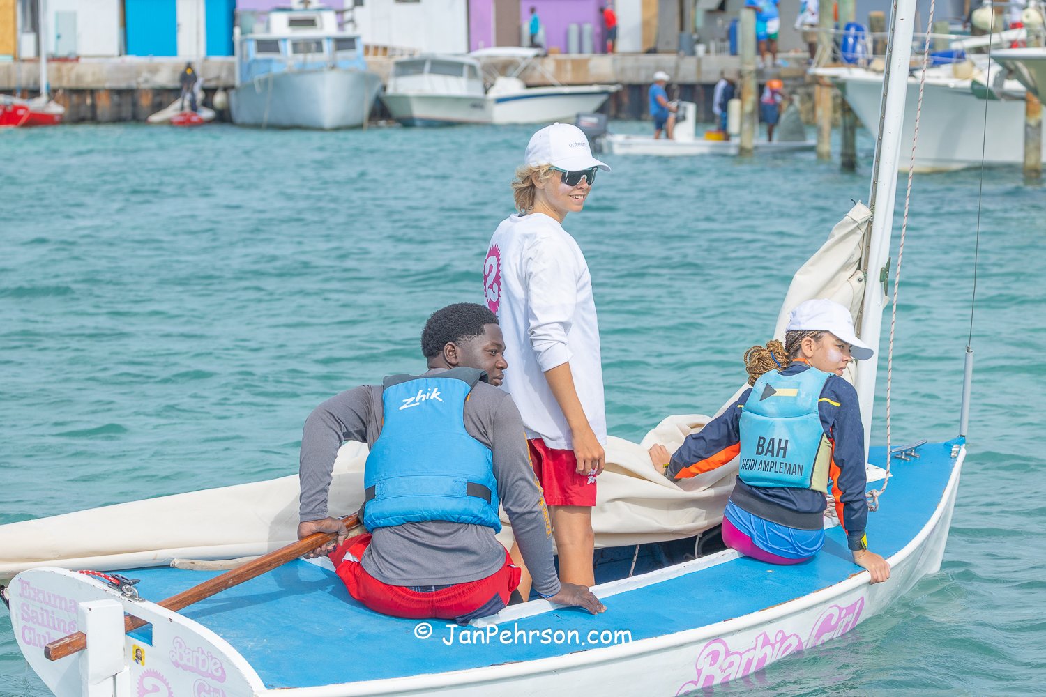 April 2026, George Town, Bahamas, National Family Island Regatta, E-Class, Barbie Girl, from Exuma