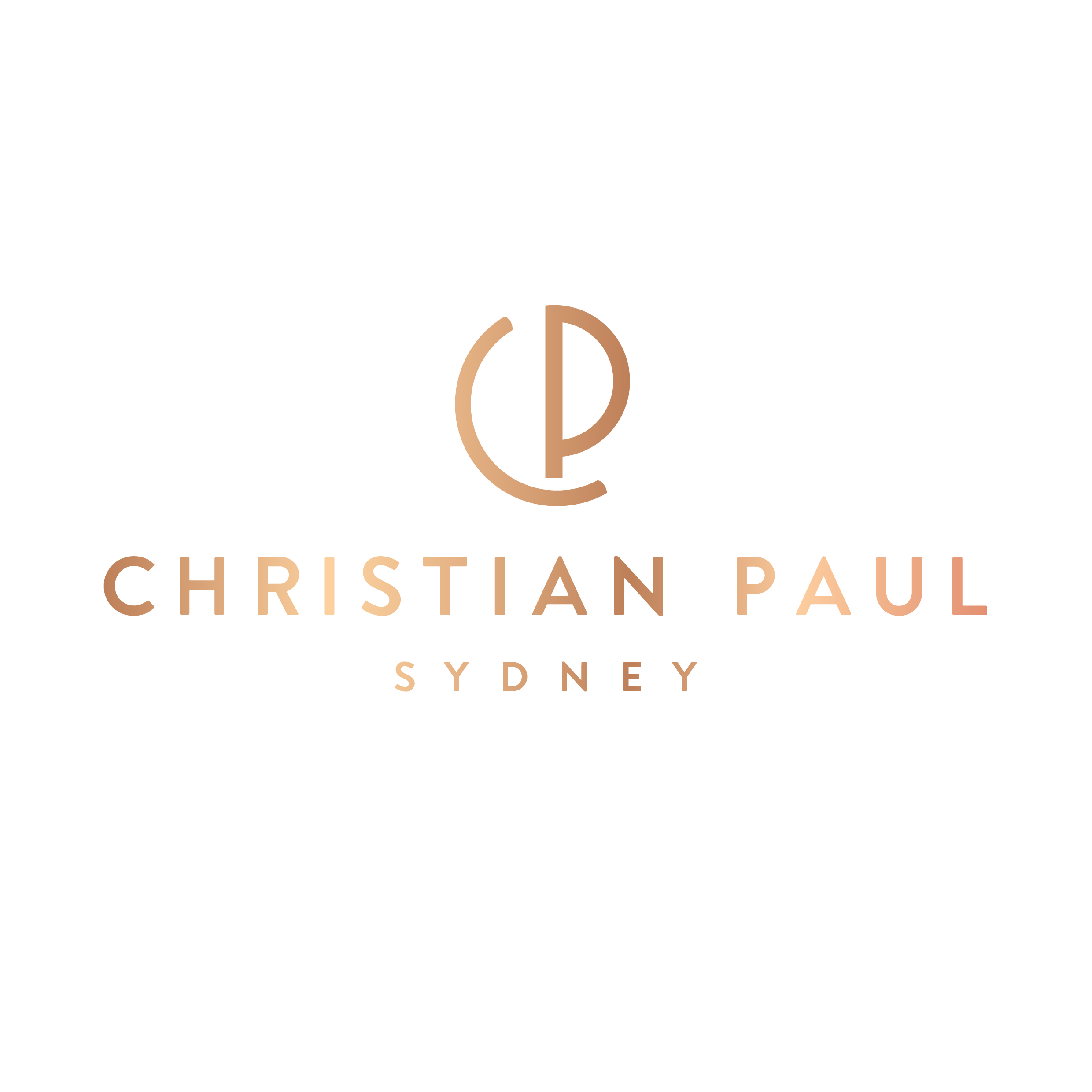 Logo for Christian Paul, a brand based in Sydney, featuring a stylized emblem with the initials CP in a gold color on a black background, with the brand name and location written below.