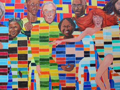 Colorful mural featuring diverse people with rainbow-colored skin and clothing, set against a vibrant, geometric background.