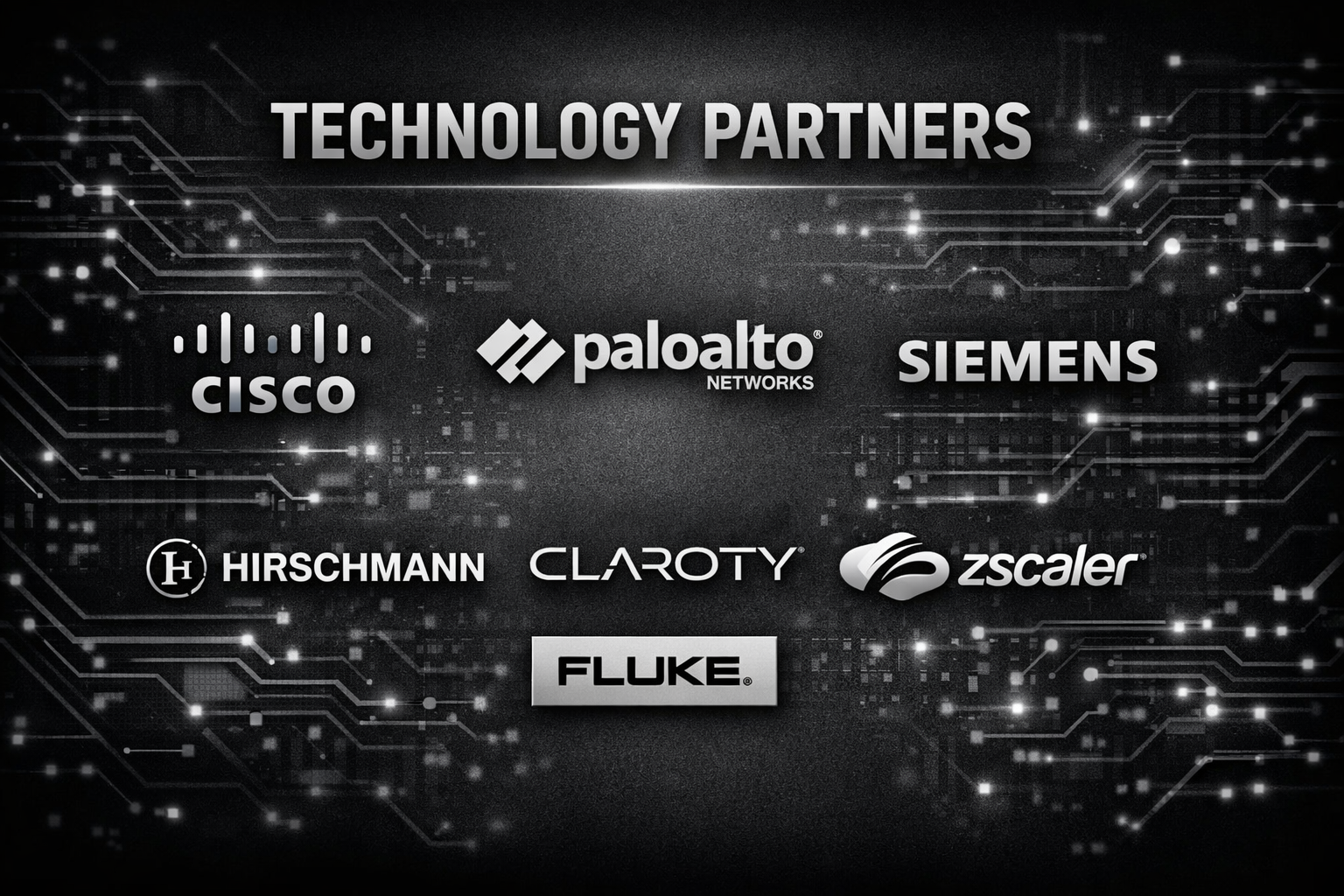A digital graphic displaying logos of various technology partners including Cisco, Palo Alto Networks, Siemens, Hirschmann, Claroty, Zscaler, and Fluke connected with circuitry lines on a dark background.