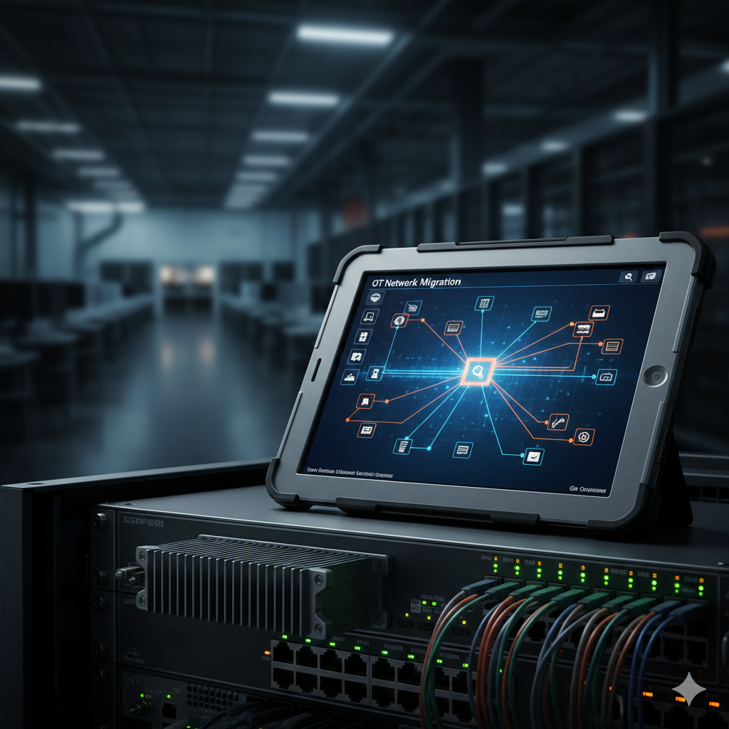 A tablet showing a network diagram titled 'OT Network Migration' in a server room with racks of networking equipment.