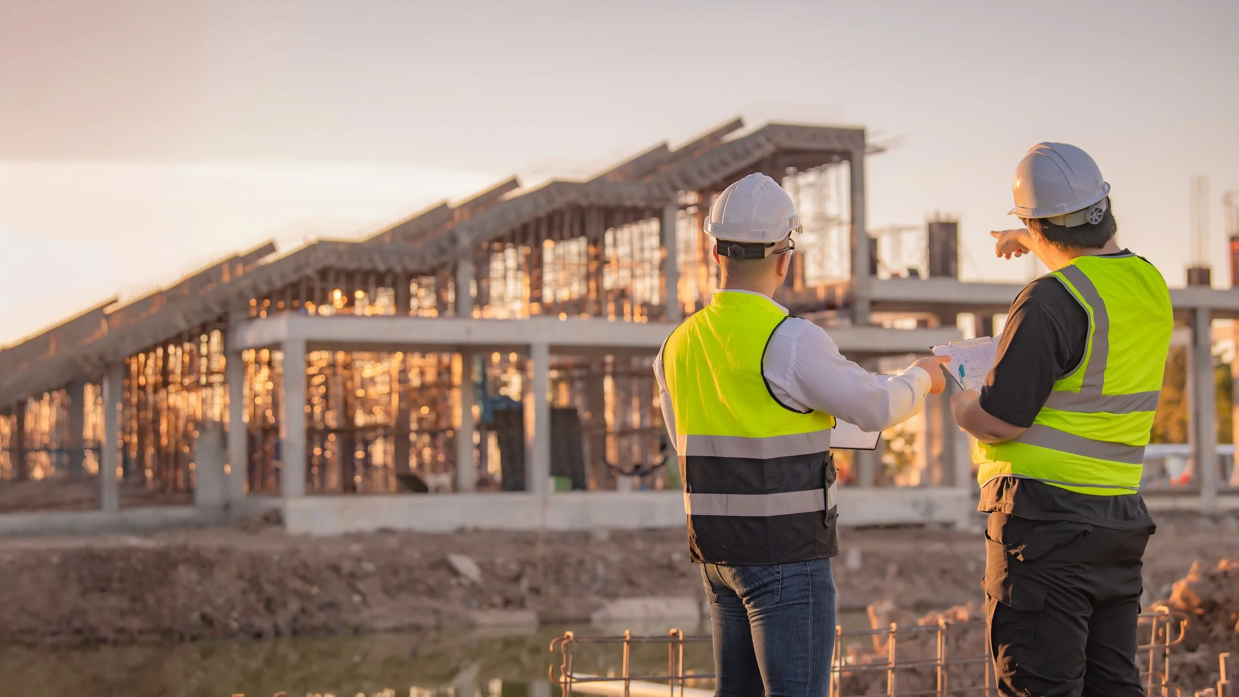 Two construction workers wearing helmets and safety vests discussing on a construction site with a building framework in the background at sunset.