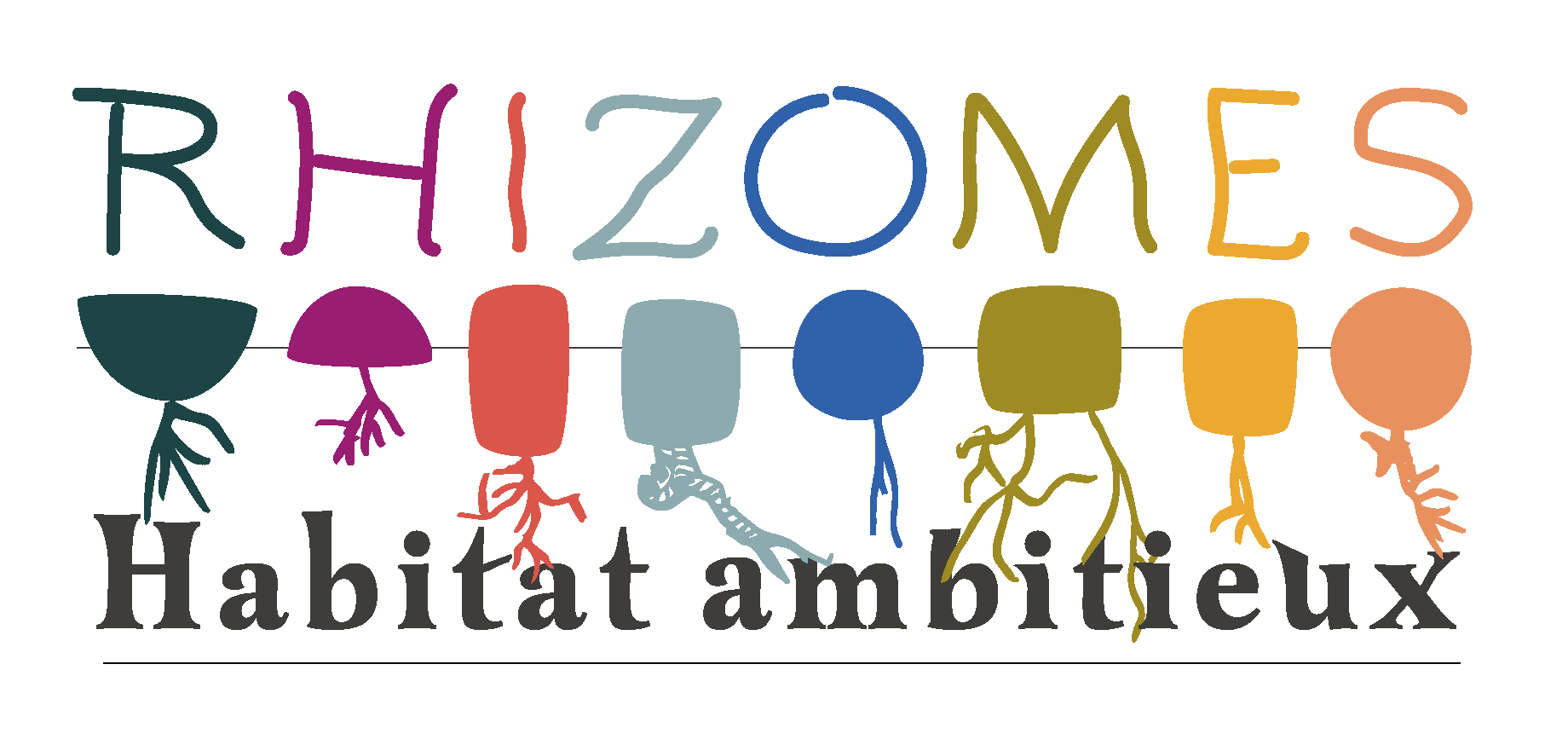 Mot en couleurs vives avec des dessins stylisés d'ampoules et de racines, accompagné du texte 'Rhizomes habitat ambitieux' en français.