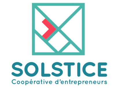 Logo de SOLSTICE, une coopérative d'entrepreneurs, avec un symbole graphique et le nom en lettres bleues.