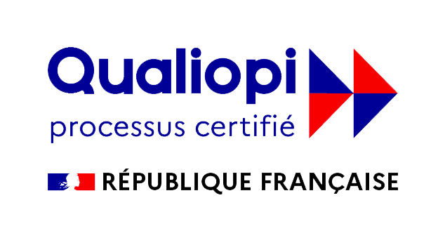 Logo de Qualiopi avec les flèches et le texte 'processus certifié' et 'République Française' en bas.