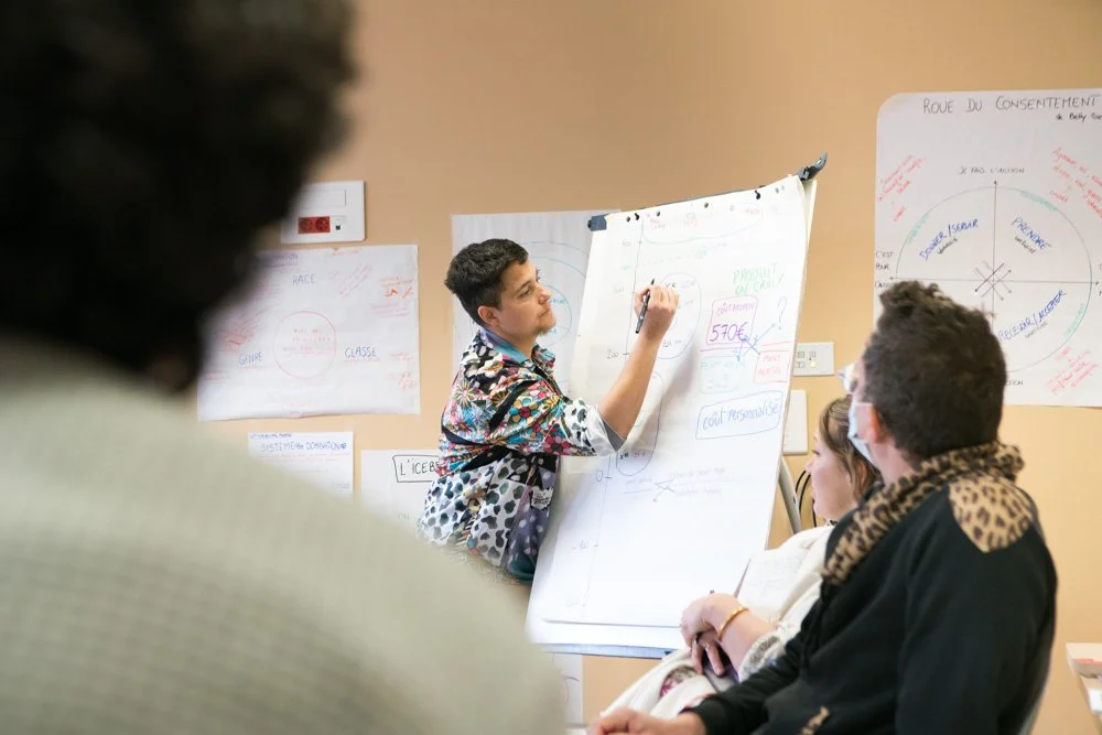 Jeune homme faisant une présentation ou une explication devant un tableau blanc dans une salle de classe ou une réunion, avec plusieurs personnes assises qui écoutent attentivement.