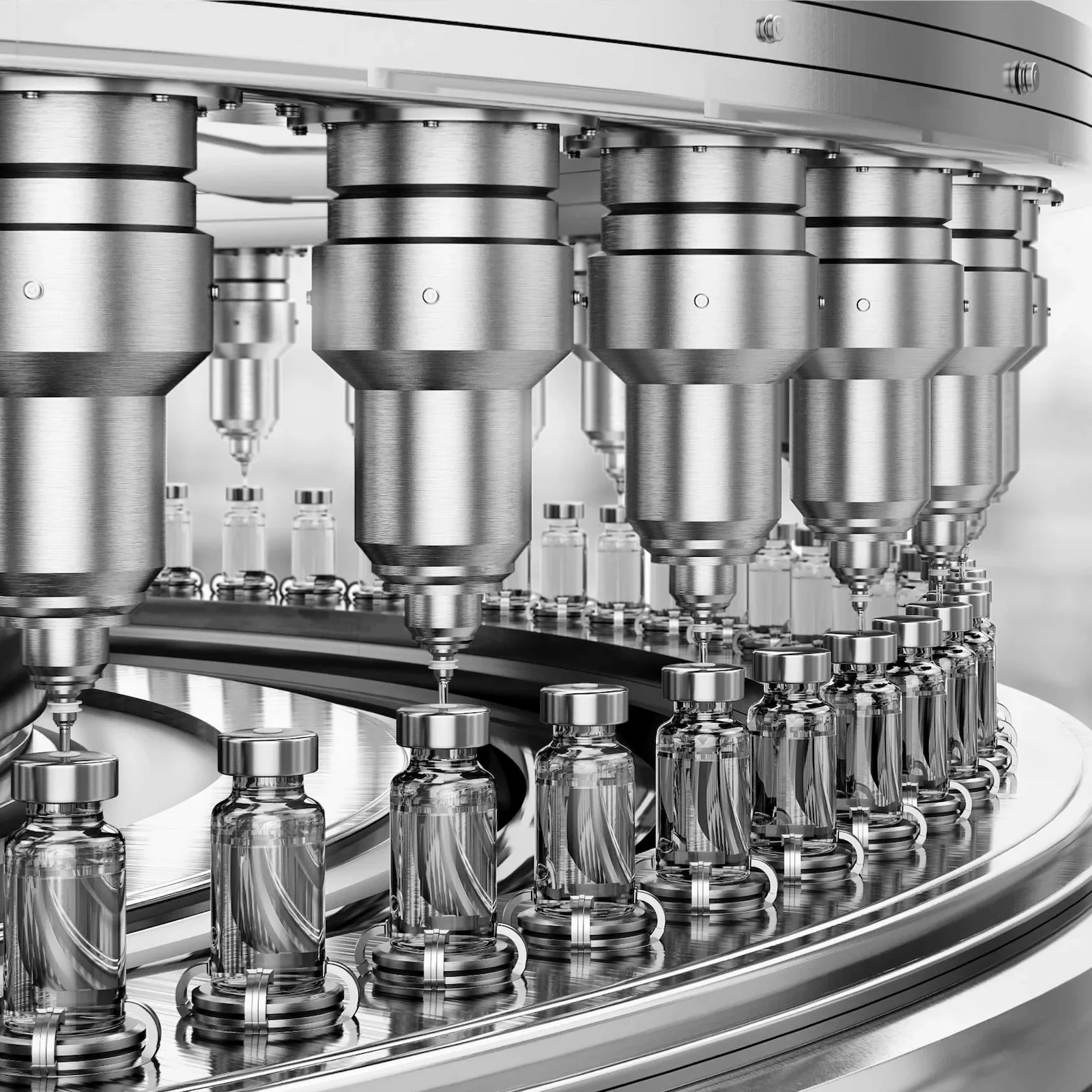 Automated pharma manufacturing line with vials, reflecting executive coaching for sector leaders