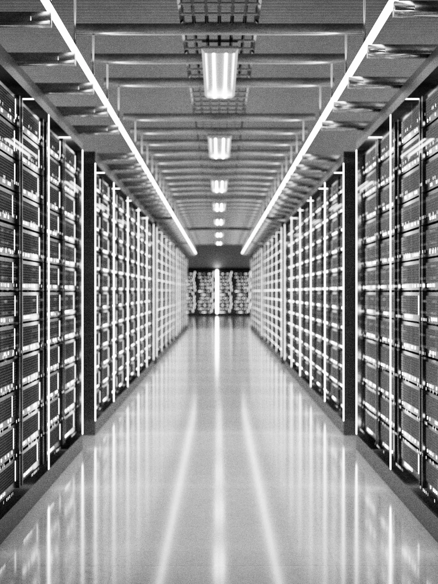 Data centre corridor lined with server racks, representing executive coaching for leaders in industrial and technology infrastructure