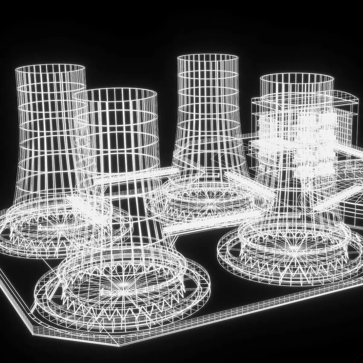 Wireframe nuclear power station illustrating complex infrastructure projects John Dyson coaches leaders in.