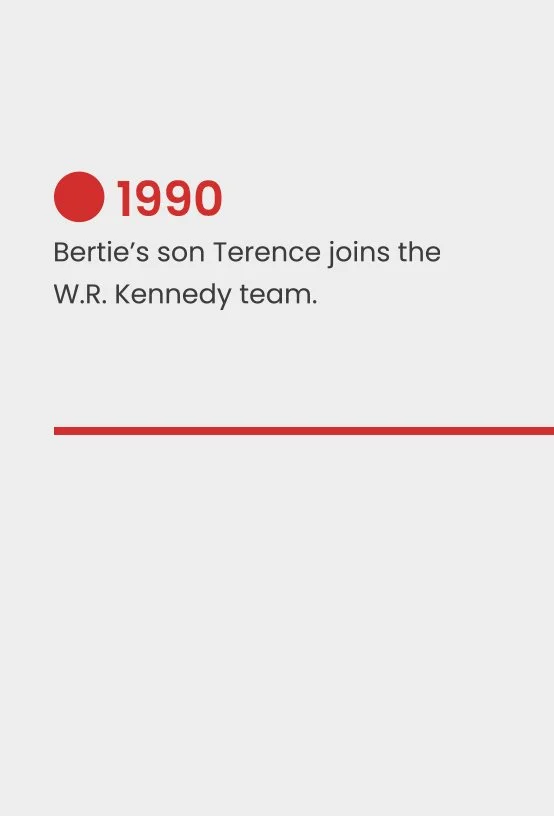 Text reading '1990 Bertie's son Terence joins the W.R. Kennedy team.' with a red circle icon.