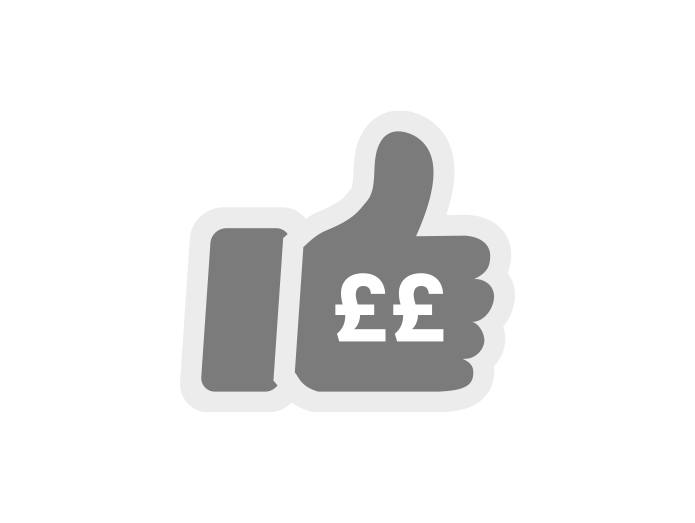 Gray thumbs-up icon with British pound symbols on the thumb and fingers
