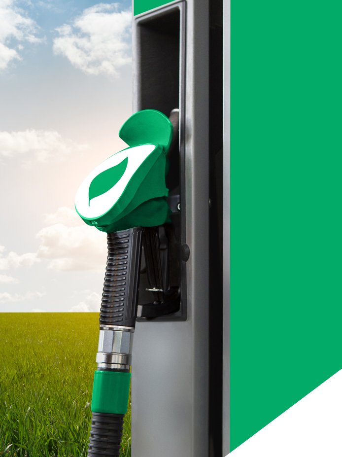 Green and white fuel pump nozzle with leaf symbol, at an electric vehicle charging station, outdoors on grass under a cloudy sky.