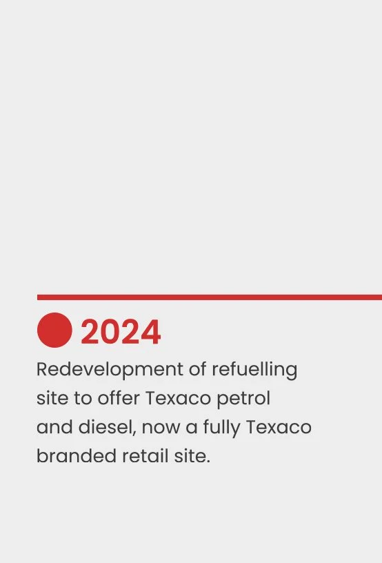 Text about the redevelopment of a Texaco petrol station into a full Texaco-branded retail site, projected for 2024.