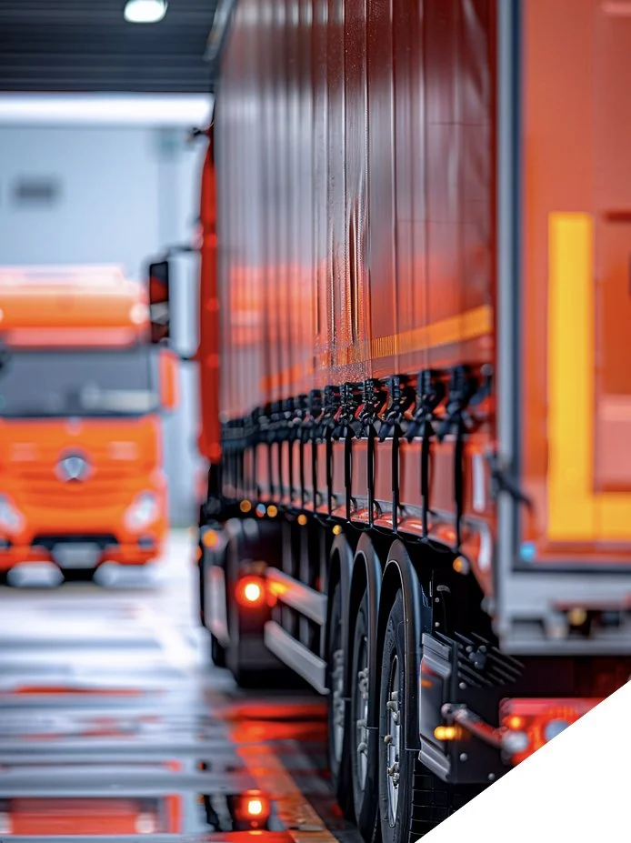 Close-up of a bright orange semi-truck trailer with a visible side mirror and wheels, parked on a wet road, with another orange truck in the background.