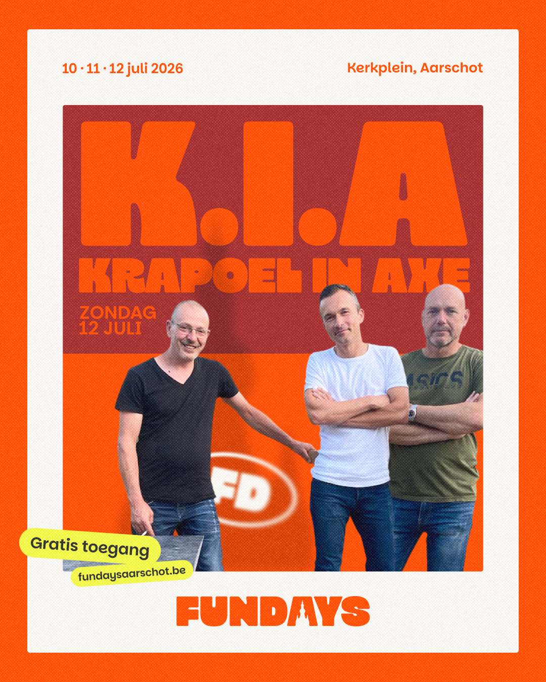 K.I.A., voluit Krapoel In Axe, is dé hiphopgroep uit Aarschot zelf en behoort tot de allereerste Vlaamse hiphopgroepen. Rappen in het eigen Hagellands dialect, met hits als "Zaterdag" en "1,2,3,4,5,6,7" die een hele generatie meezong: K.I.A. thuis in