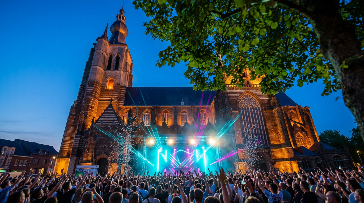 Een grote menigte mensen bij een live concert voor een oude kerk tijdens de avond, met kleurrijke lichten en confetti.