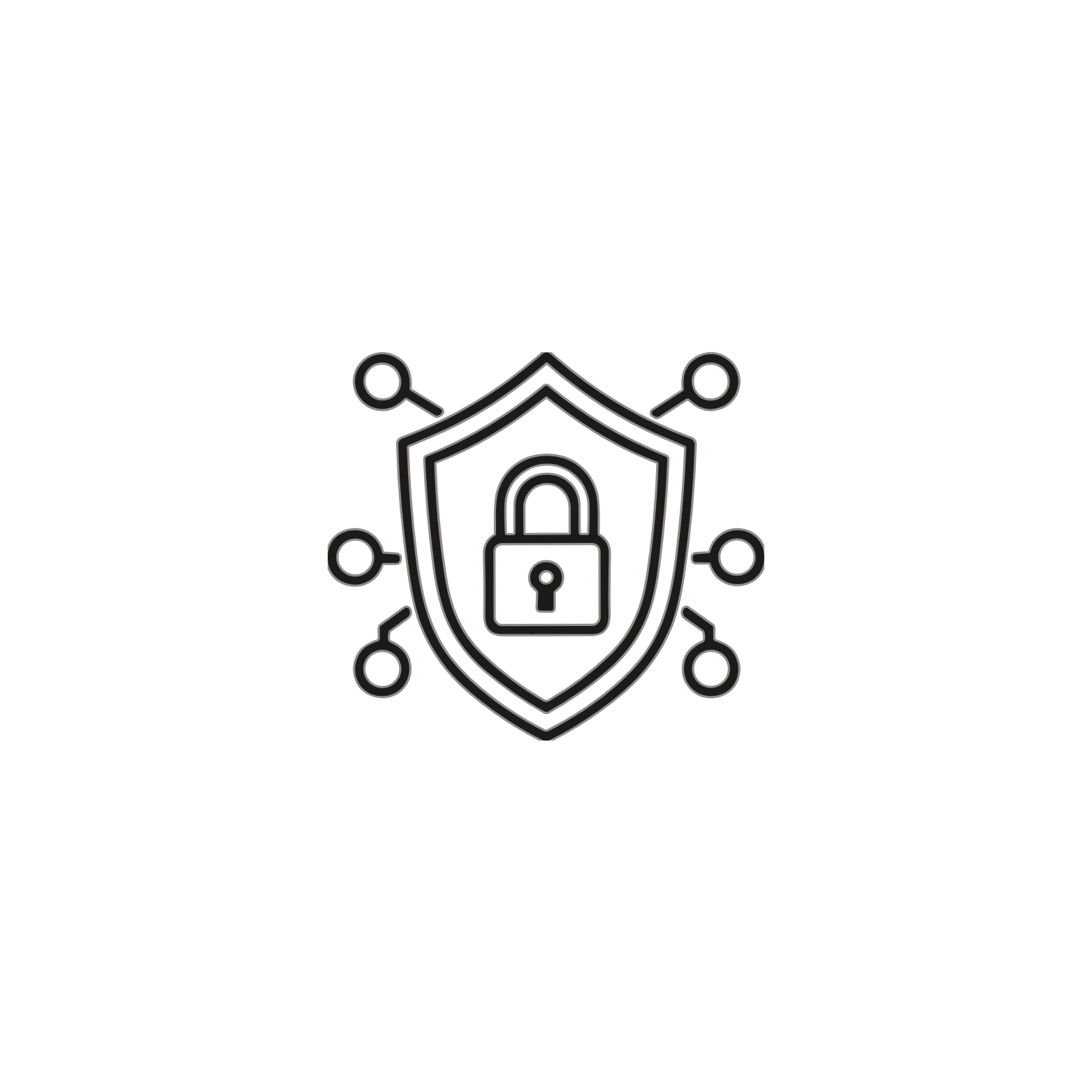 Line drawing of a shield with a lock inside, surrounded by interconnected circles representing cybersecurity or data protection.