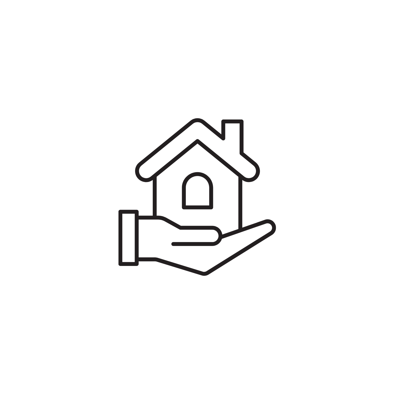 A line drawing of a house cradled in an outstretched hand.