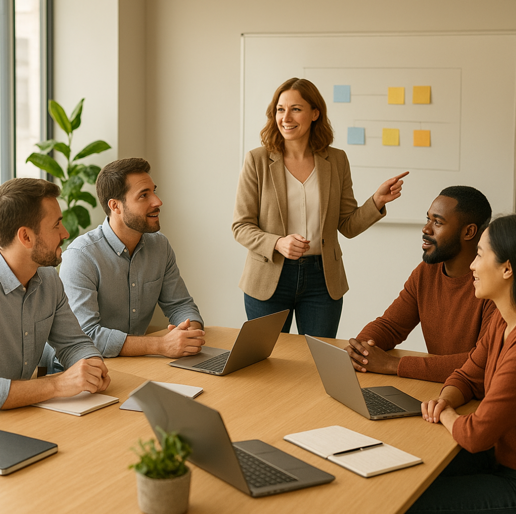 Group of people in a conference room watching a presentation with laptops and gift bags on the table.