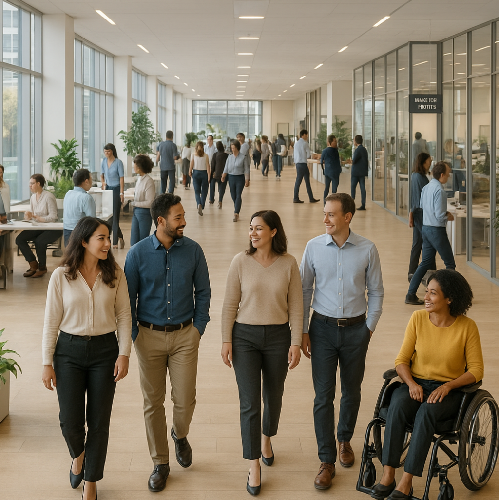 Two business professionals giving a high-five in an office setting with a laptop and paperwork on the table.