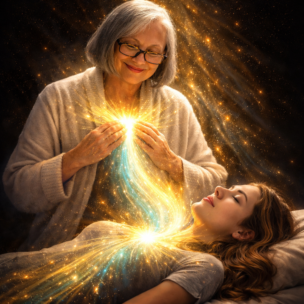 An elderly woman with gray hair and glasses gently holds her hands over a young woman lying in bed with closed eyes. Bright, glowing, golden light and cosmic sparkles flow from the elderly woman's hands to the young woman's chest, creating a magical, spiritual scene.