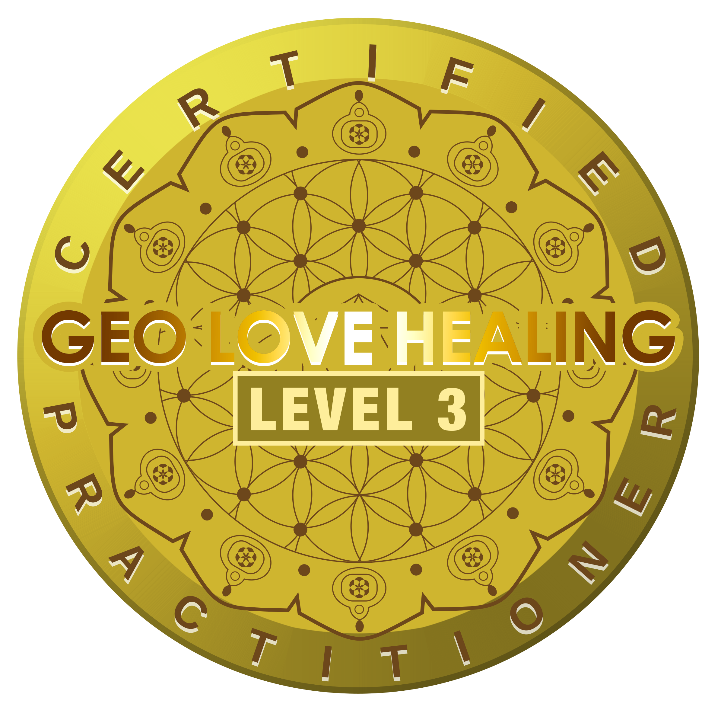 Gold-colored circular medallion with decorative geometric patterns and the words 'GEO LOVE HEALING LEVEL 3' in the center, surrounded by the phrase 'CREATE CERTIFIED ACTION' around the edge.