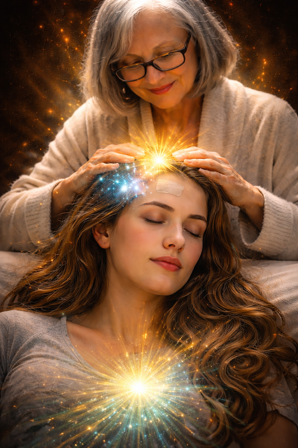 An older woman giving a Reiki healing to a young woman with long brown hair, both surrounded by glowing lights and cosmic background.