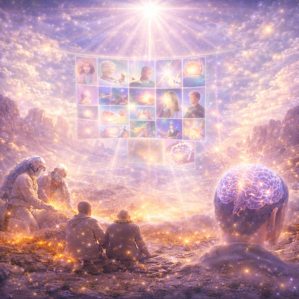 Four astronauts sitting on rocky terrain, observing a glowing, holographic display of images and characters floating in the sky, with a large illuminated brain beside them and a starry sky surrounding them.