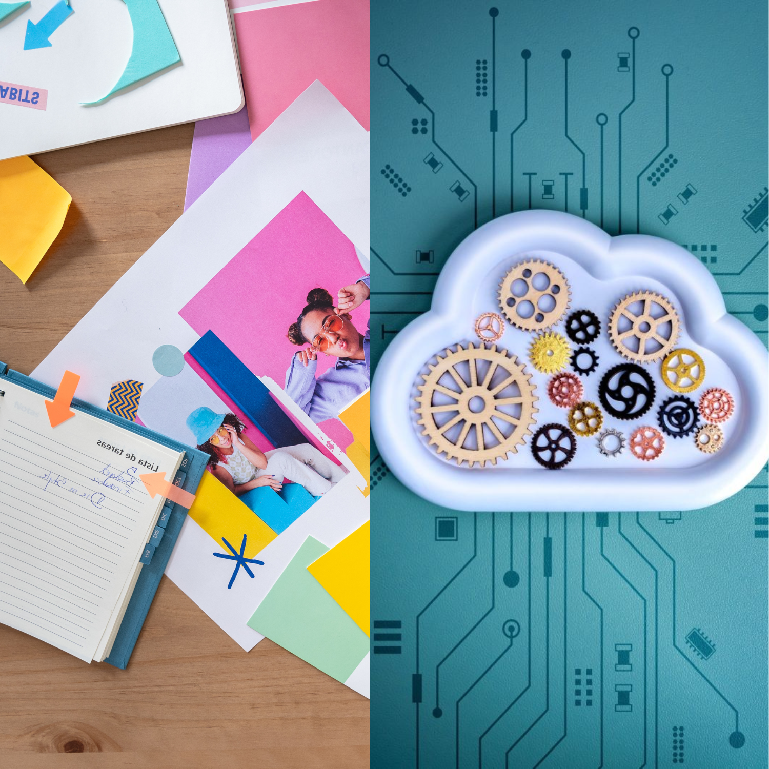 Left side features colorful paper, photographs of children, and an open notebook with blue and orange paper clips. Right side shows a cloud-shaped container filled with colorful gears and cogs on a blue circuit board background.