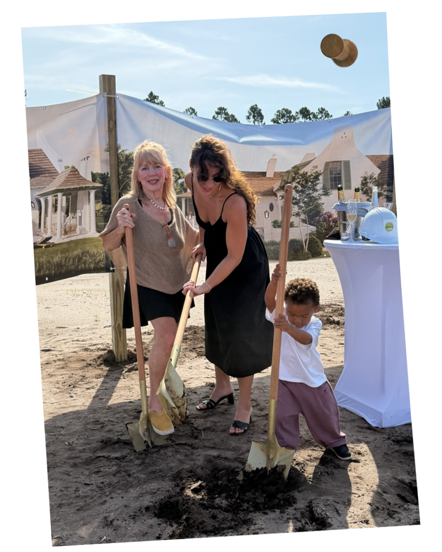 Rafi Inez, her mother and her son with shovels at the groundbreaking for the Arkon Group development