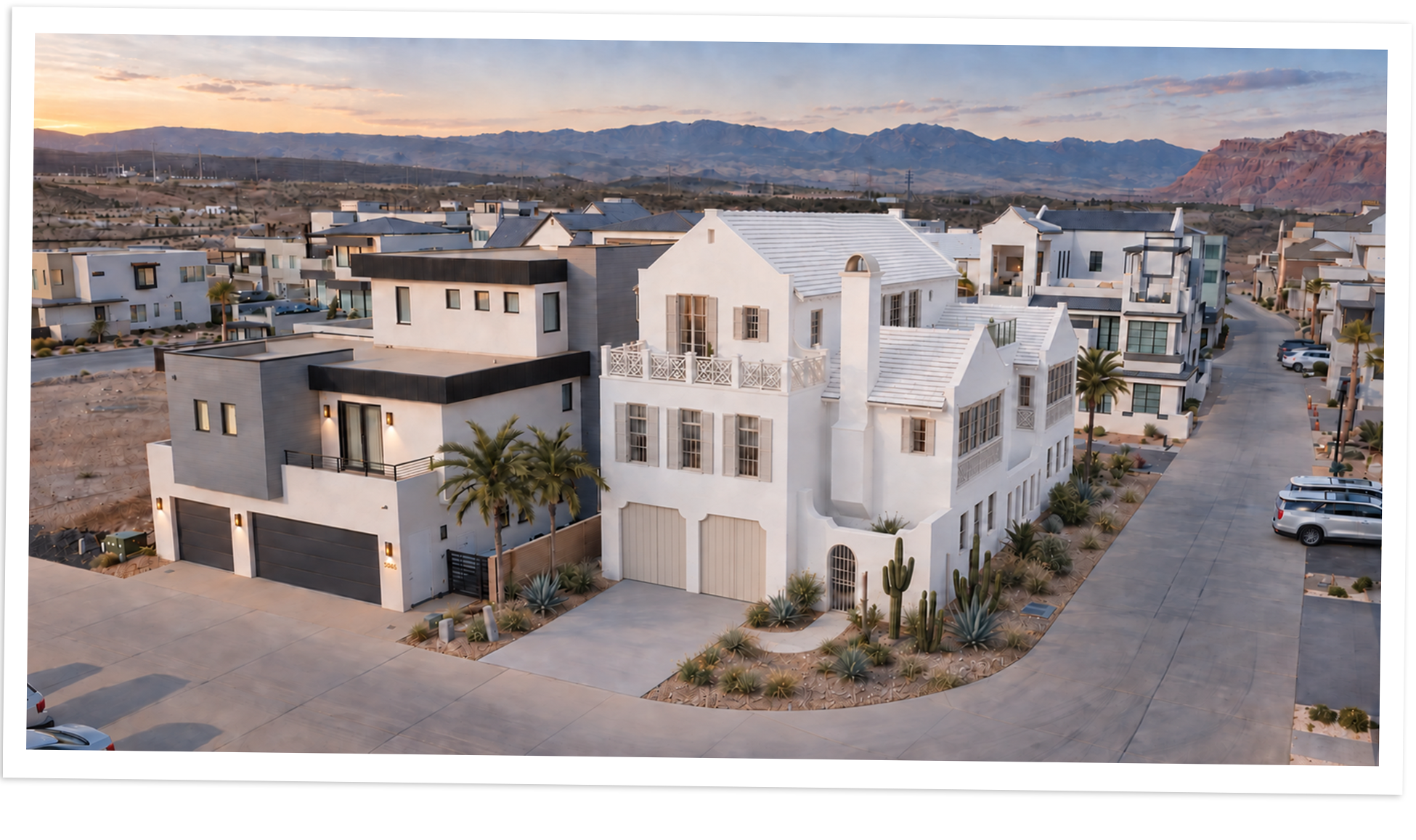 3D rendering of Kaylee Rasmussen’s Academy project, a white three-story home in a desert neighborhood