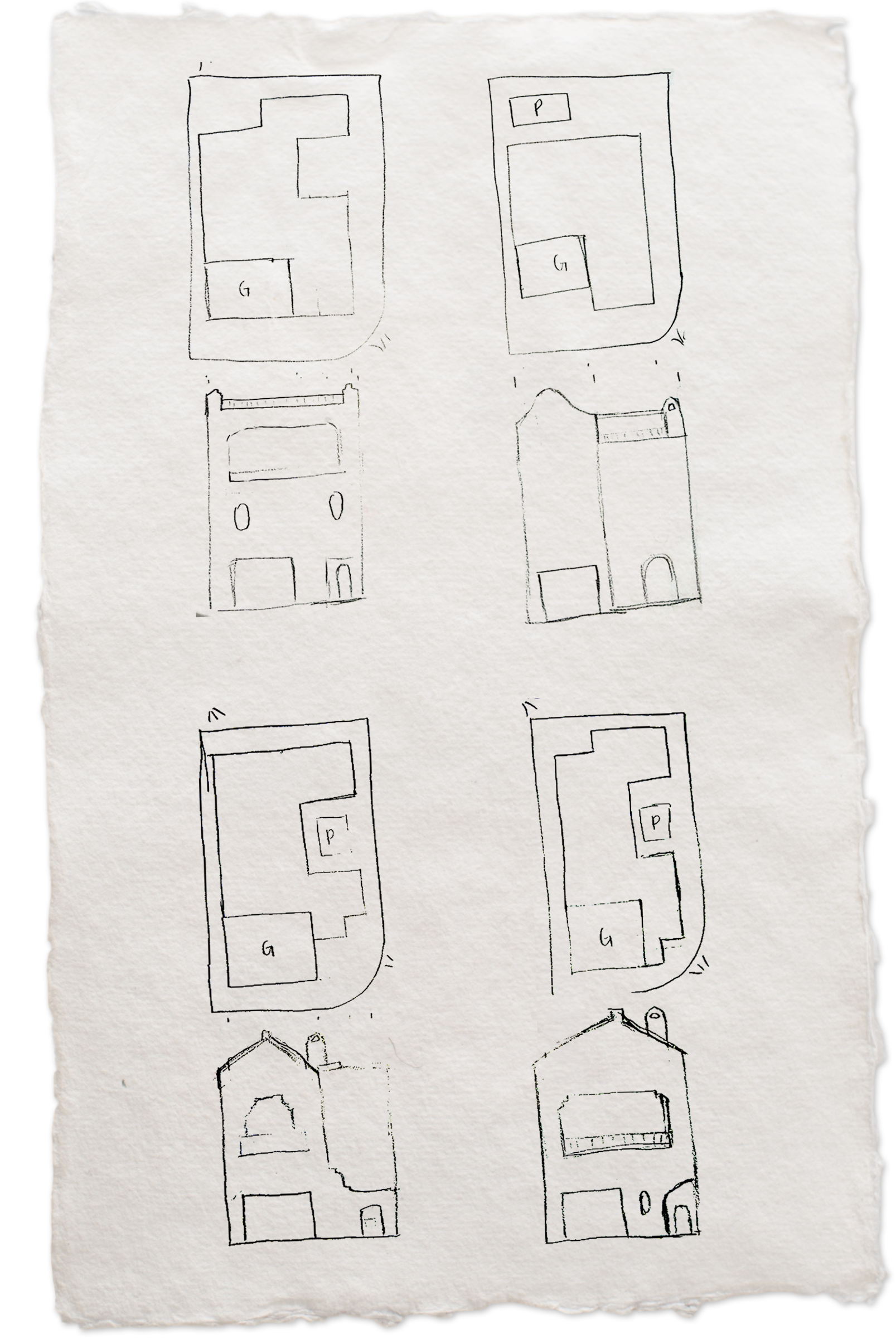 Kaylee Rasmussen’s early hand-drawn concept sketches of floor plans and elevations