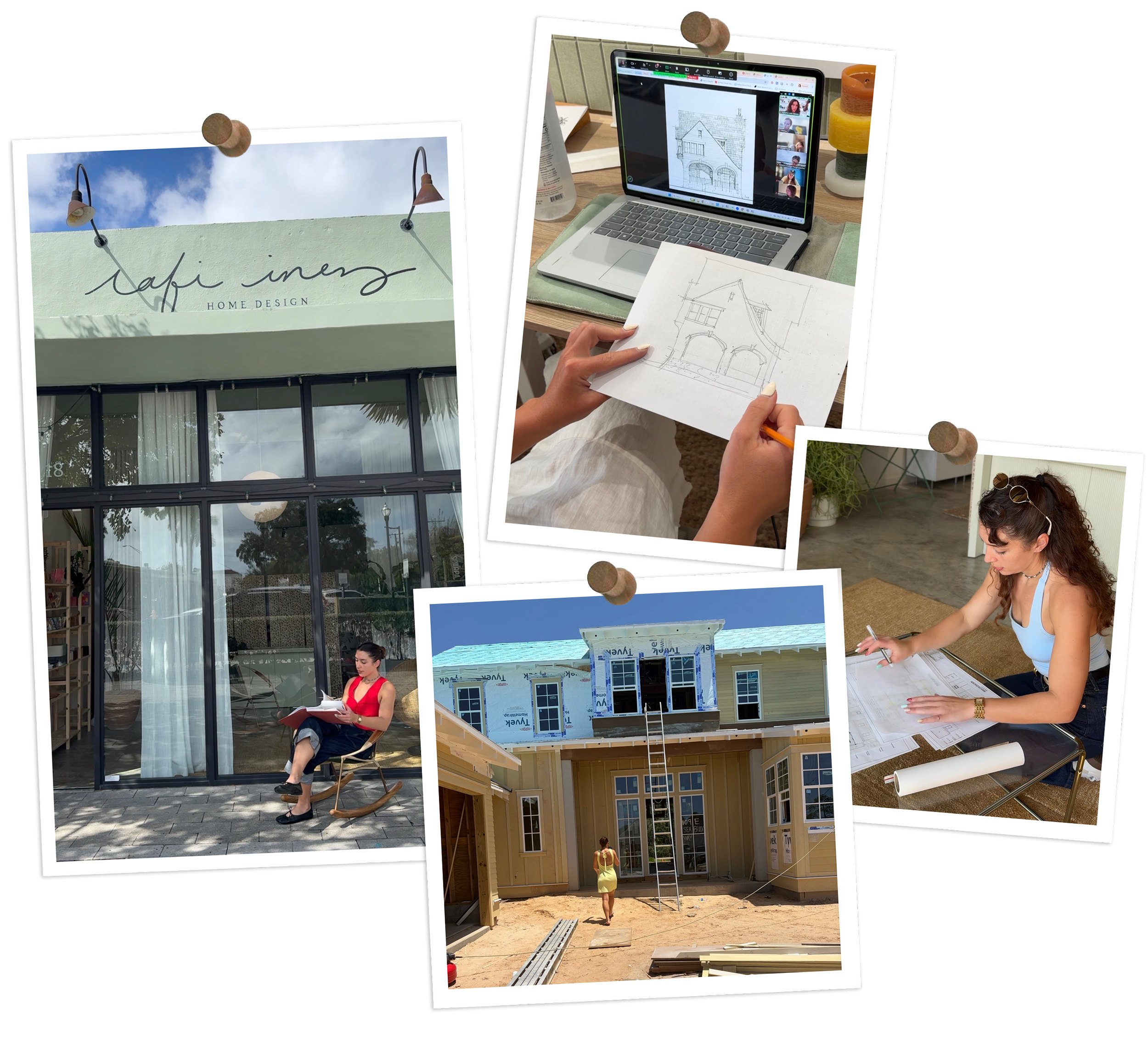 Collage of Rafi Inez outside her Little River design studio in Miami, teaching on Zoom, on a job site and sketching on trace paper