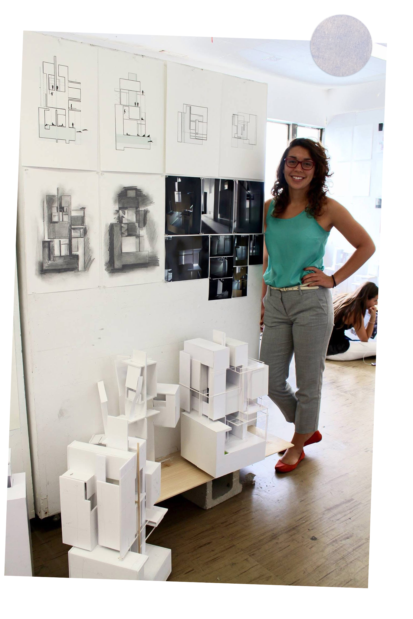 Architecture models and drawings pinned up in Rafi Inez’s University of Florida architecture studio