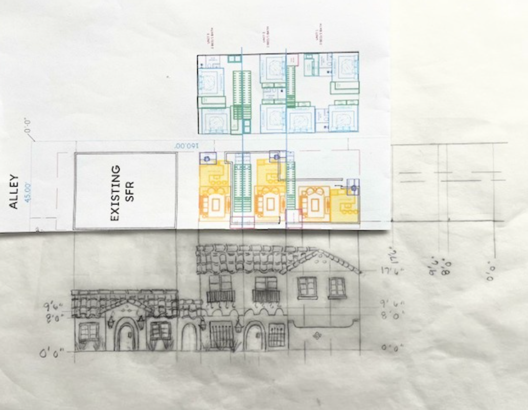 Jeffrey Vargas's floor plans laid over his hand-drawn front elevation on trace paper