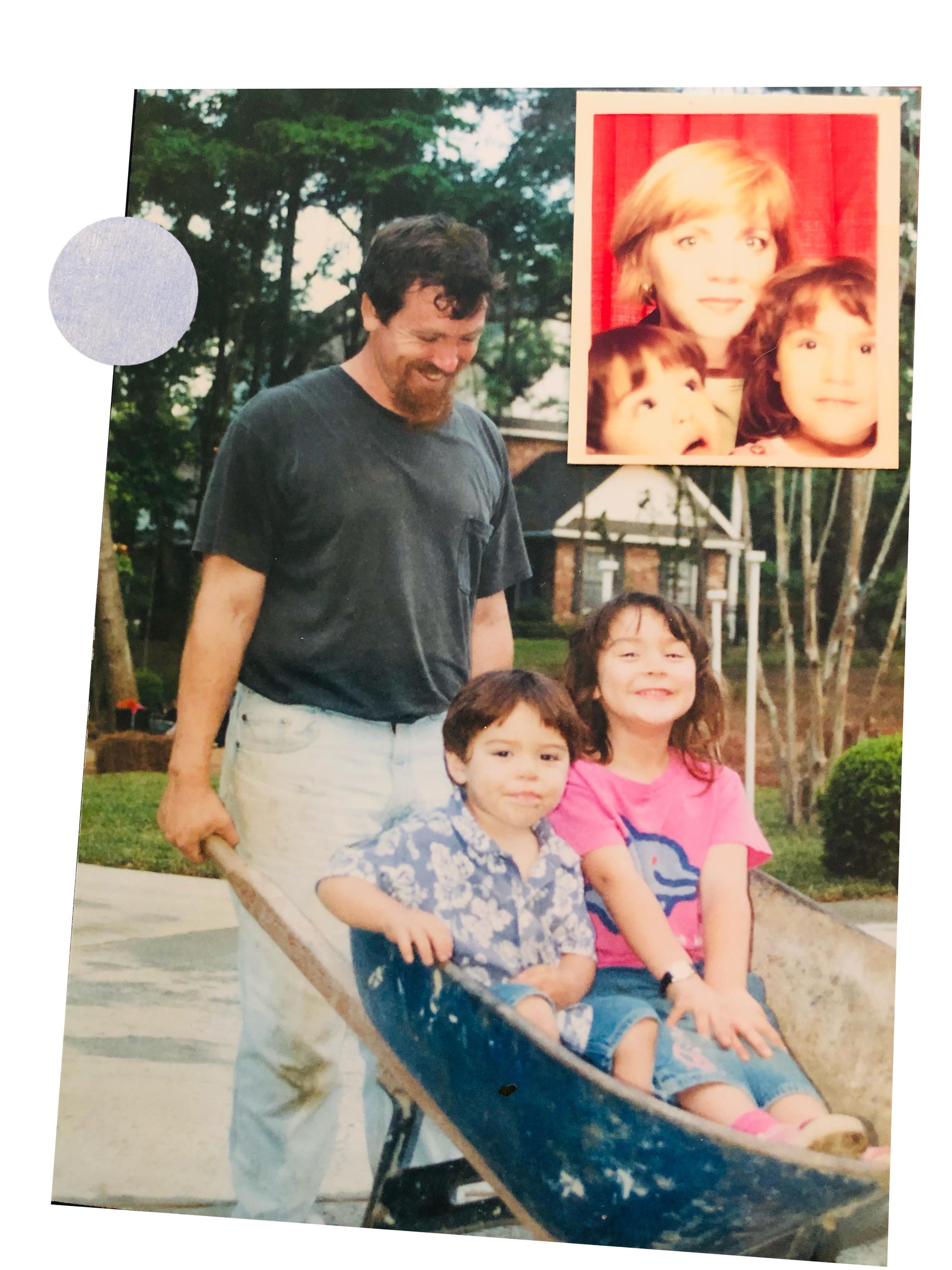 Young Rafi Inez and her brother riding in a wheelbarrow pushed by a family member on a 30A job site