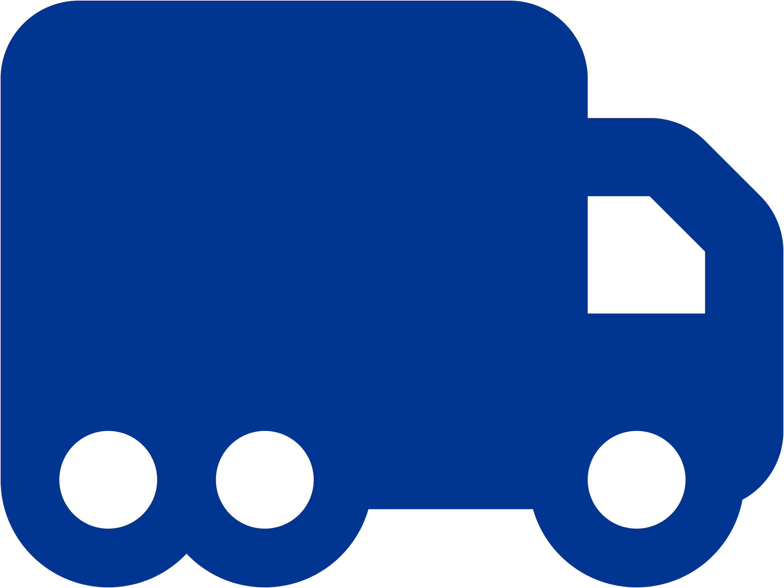 Icon of a blue train with three black wheels and a black window.