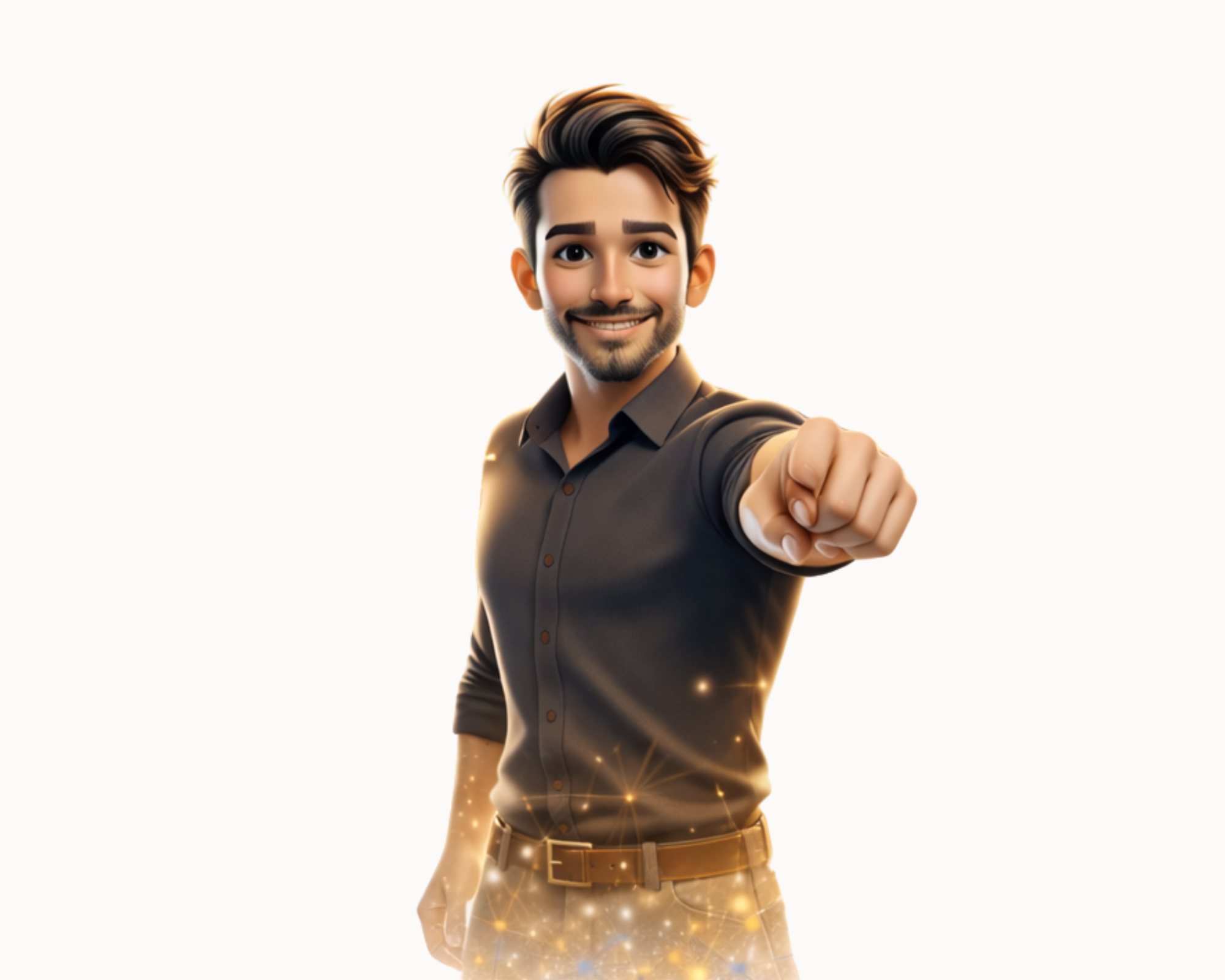 Homme souriant en chemise sombre, pointant du doigt vers l'appareil photo, avec effets de lumière et d'étincelles autour de lui.