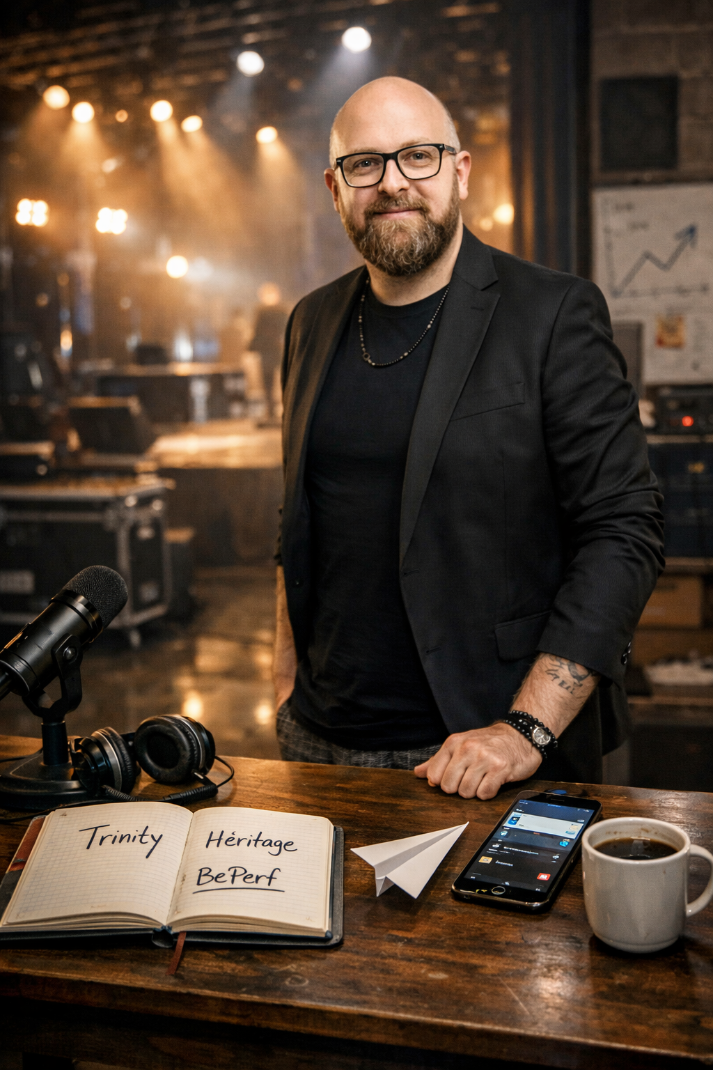 Un homme avec une barbe et des lunettes se tient dans un studio, avec une table devant lui contenant un micro, un casque, un cahier avec des mots écrits, un téléphone, une tasse de café, et une petite maquette en papier. L'ambiance est chaleureuse et professionnelle.